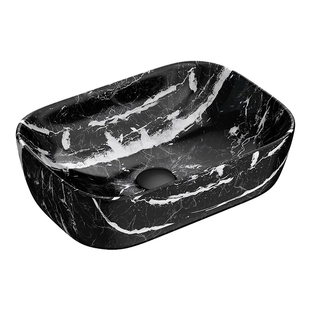 Arezzo 455 X 325mm Curved Rectangular Counter Top Basin - Gloss Black Marble Effect - Image 2