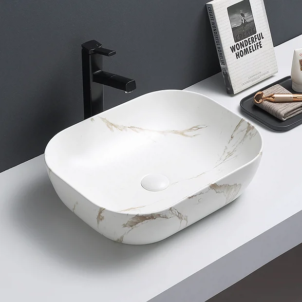 Arezzo 505 X 405mm Curved Rectangular Counter Top Basin - Matt White Marble Effect