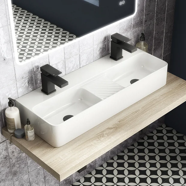 Arezzo Double Bowl Wall Mounted Basin - 810mm Wide - 1 Tap Hole Per Bowl - Image 2