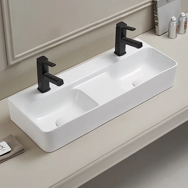 Arezzo Double Bowl Wall Mounted Basin - 810mm Wide - 1 Tap Hole Per Bowl - Image 4