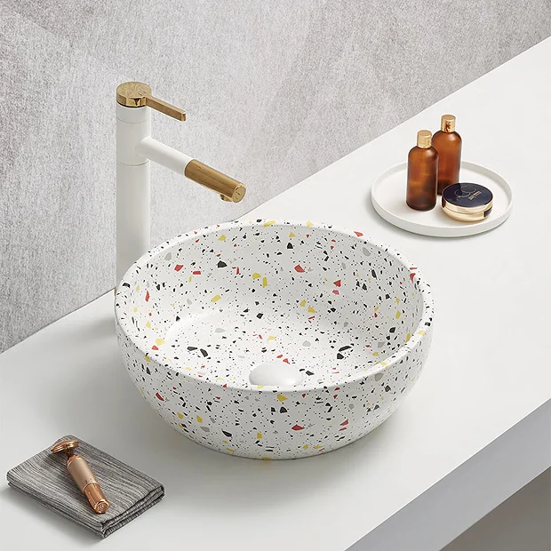 Arezzo White Terrazzo Effect Round Countertop Basin - 410mm Diameter