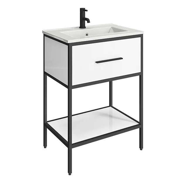 Venice Matt Black 600mm Framed Washstand And Basin Inc. Tap + Waste - Image 2