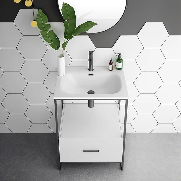 Venice 600 Black Frame Basin Washstand Incl. Solid Stone Basin